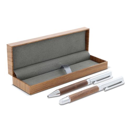 Metalen balpen &amp; rollerbal pen walnoot hout (set)