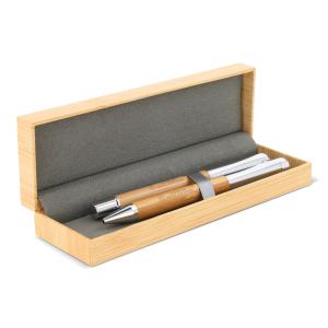Set metalen balpen en rollerbal pen bamboe - Yana Gifts
